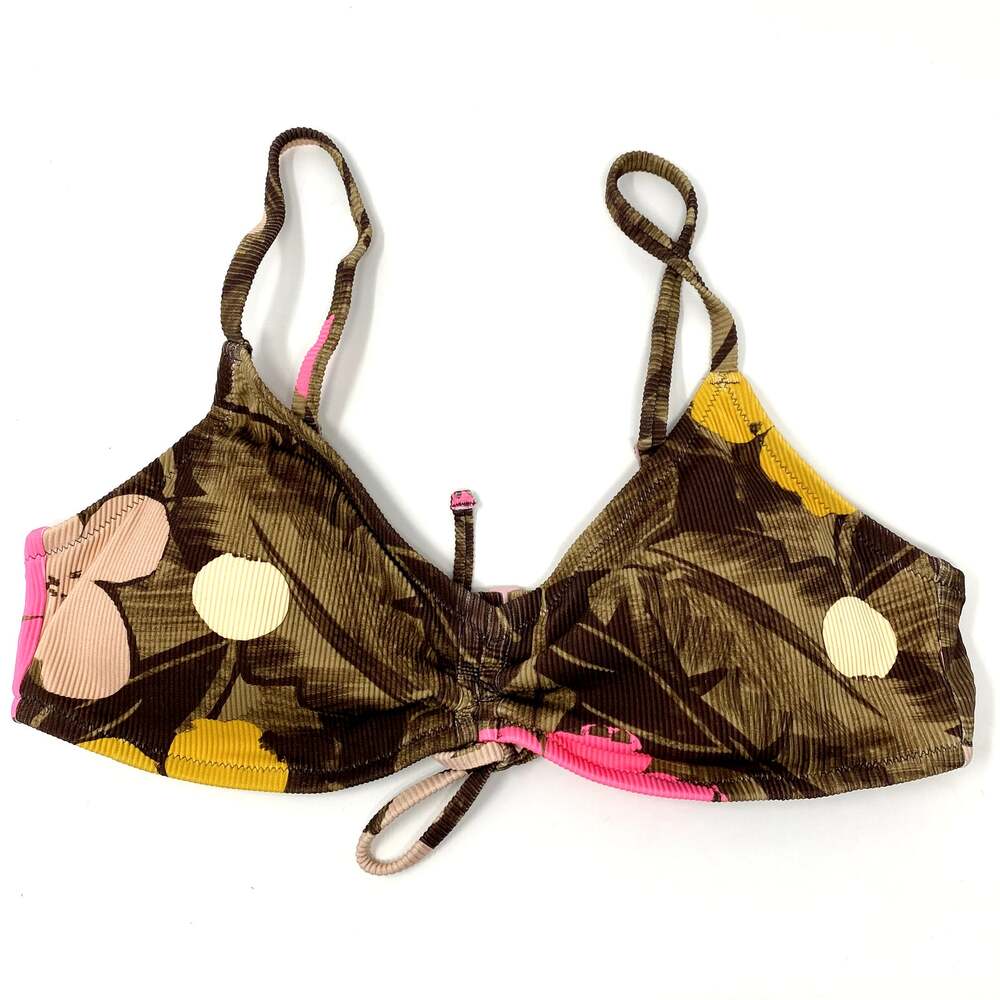 NWOT Aerie Brown Tropical Hawaii Ribbed Cinched Scoop Beach Bikini Top L